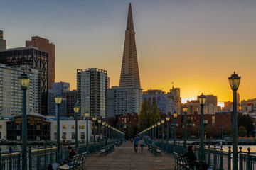 Downtown San Francisco and the Transamerica Pyramid at Chrismas from wooden Pier 7 at sunset