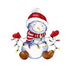 Watercolor cartoon illustration.  Smiling Snowman with Christmas garland