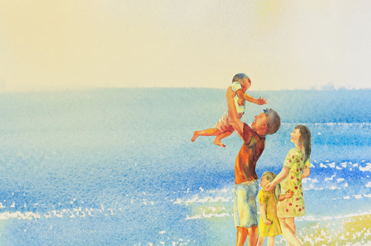  Painting colorful of beach and family in emotion cloud background.