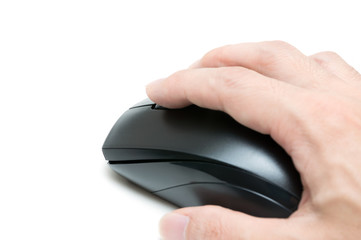 Hand holding mouse on white background