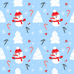 Christmas seamless pattern with snowman, fir trees, snowflakes and candies. Merry Christmas and Happy New Year.