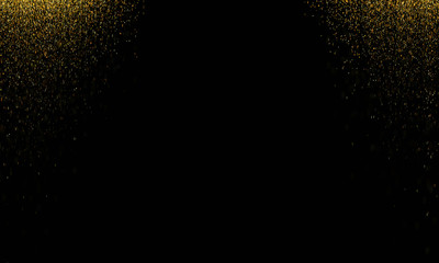 Gold glitter isolated on black background. Festive overlay texture. Golden confetti explosion