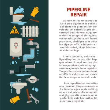 Piperline repair promotional poster with sanitary engineering and broken pipes