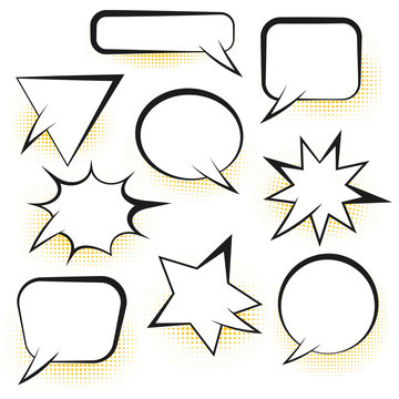 Set Of White Empty Retro Comic Speech Bubbles With Colored Halftone In Pop Art Style. Black Outline Message Balloons For Comics Book Or Advertising Superhero Text, Web Design