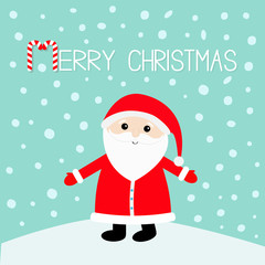 Merry Christmas. Candy cane. Santa Claus wearing red hat, costume, big beard. Cute cartoon kawaii funny character with open hand on snowdrift. Blue snow background. Greeting card.