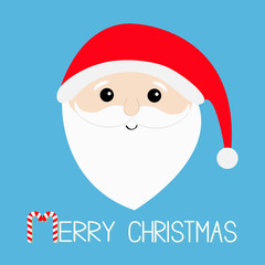 Merry Christmas. Candy cane. Santa Claus head face, big beard, moustaches, white eyebrows, red hat. Cute cartoon kawaii funny character. Blue background. Isolated. Greeting card.