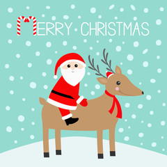 Merry christmas. Santa Claus. Cute cartoon deer with horns, red hat, scarf. Candy cane. Reindeeer head. Snowdrift. Blue winter snow background. Greeting card Flat design
