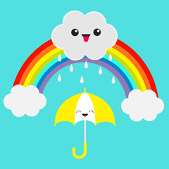 Rainbow. Cute cartoon kawaii cloud with rain drops. Showing tongue emotion. Smiling laughing umbrella. Eyes and mouth. Blue sky background. Baby funny character emoji collection. Flat design.