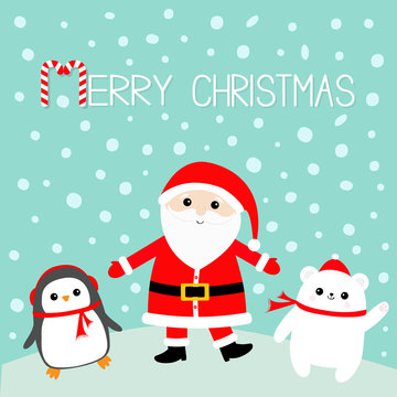 Penguin. White polar bear. Santa Claus wearing red hat, costume, big beard, belt buckle. Merry Christmas. Candy cane. Cute cartoon kawaii funny character. Blue snow background. Greeting card.