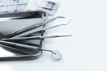 Selective focus Set of dental tools for teech care .