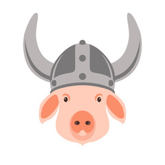 pig in viking helmet vector illustration flat style  front