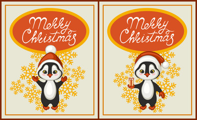 Merry Christmas greeting card set. Cute penguins in red hats of Santa Claus. Vector illustration.