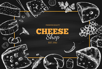 Cheese collection. Vector hand drawn background with different types of cheese.