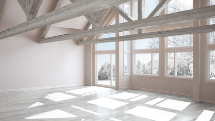 Empty room in luxury eco house, parquet floor and wooden roof trusses, panoramic window on winter meadow, modern white architecture interior design