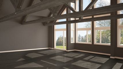 Empty room in luxury eco house, parquet floor and wooden roof trusses, panoramic window on summer spring meadow, modern gray architecture interior design