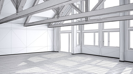 Unfinished project of empty room in luxury eco house, parquet floor and wooden roof trusses, panoramic window, modern white architecture interior design