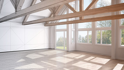 Unfinished project of empty room in luxury eco house, parquet floor and wooden roof trusses, panoramic window, modern white architecture interior design