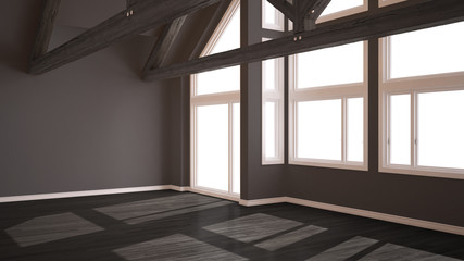 Empty room in luxury eco house, parquet floor and wooden roof trusses, panoramic big windows, modern gray architecture interior design
