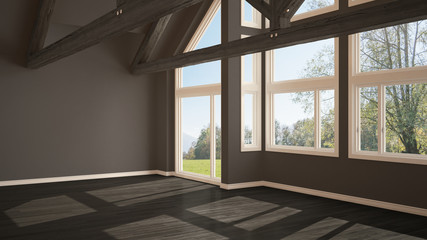 Empty room in luxury eco house, parquet floor and wooden roof trusses, panoramic window on summer spring meadow, modern gray architecture interior design
