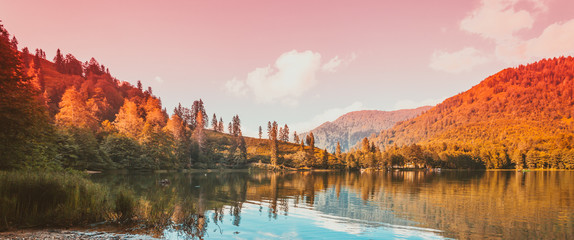 Soft autumn landscape view of Karagol (Black lake) a popular destination for tourists,locals,campers and travelers in Eastern Black Sea,Savsat, Artvin, Turkey.