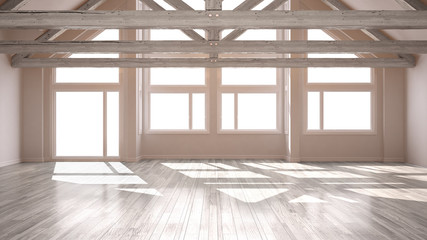 Fototapeta premium Empty room in luxury eco house, parquet floor and wooden roof trusses, panoramic big windows, modern white architecture interior design
