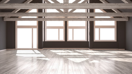 Fototapeta premium Empty room in luxury eco house, parquet floor and wooden roof trusses, panoramic big windows, modern white and gray architecture interior design