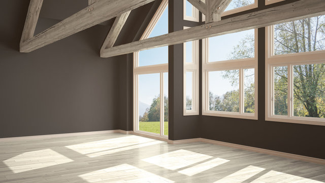 Empty room in luxury eco house, parquet floor and wooden roof trusses, panoramic window on summer spring meadow, modern white and gray architecture interior design