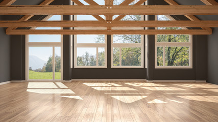 Fototapeta premium Empty room in luxury eco house, parquet floor and wooden roof trusses, panoramic window on summer spring meadow, modern white and gray architecture interior design