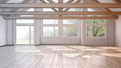 Fototapeta premium Unfinished project of empty room in luxury eco house, parquet floor and wooden roof trusses, panoramic window, modern white architecture interior design