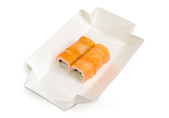 Sushi with salmon in cardboard box for take-out food