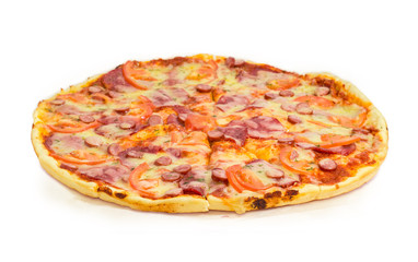 Pizza with different sausages closeup on a white background