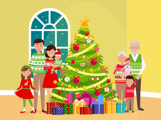 Fototapeta na wymiar Big happy family at a Christmas tree.