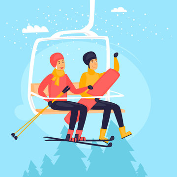 Guy and a girl on a ski lift, skiing and snowboard, winter landscape. Flat design vector illustration.