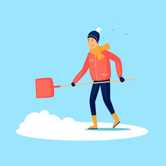 Guy cleans snow, winter. Flat design vector illustration.