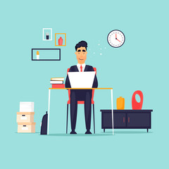 Businessman working in the office at the computer, workplace, interior. Flat design vector illustration.
