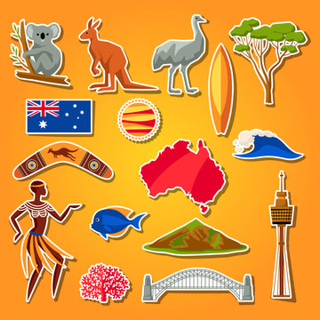 Australia icons set. Australian traditional sticker symbols and objects