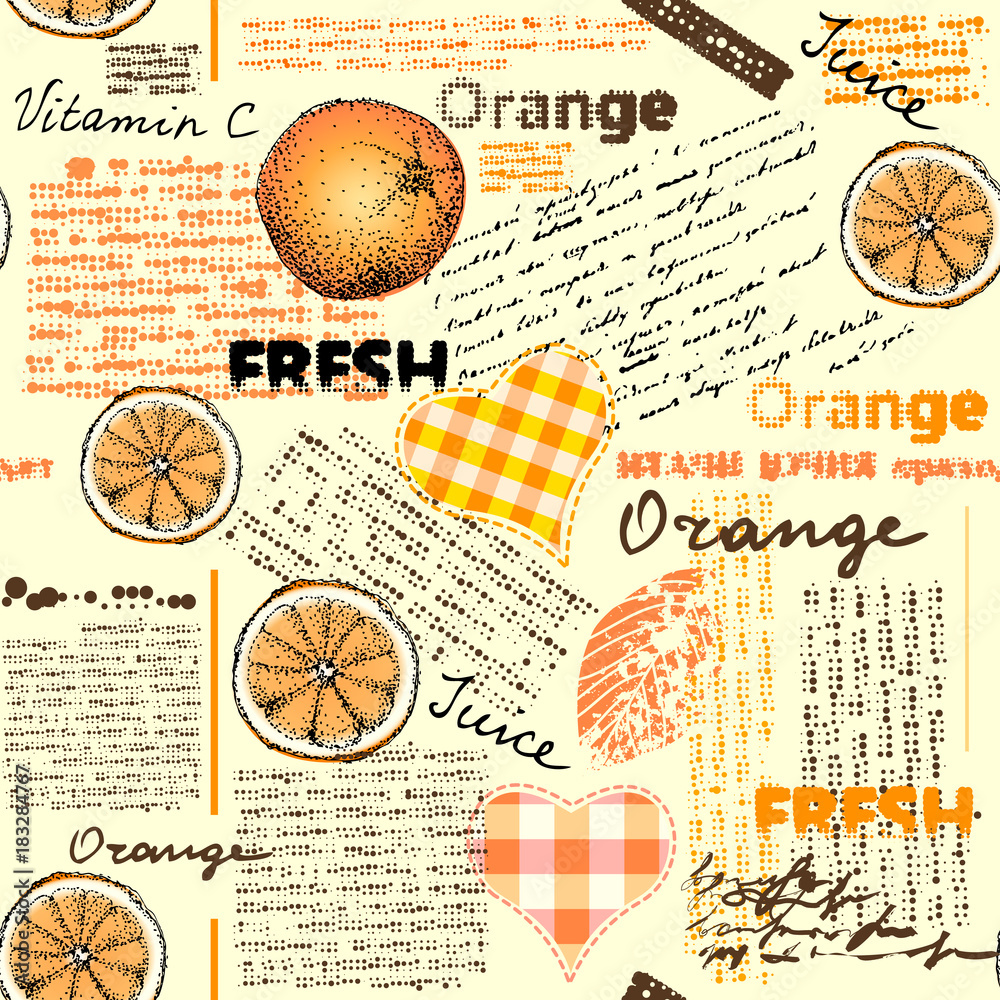 Poster Seamless background pattern. Imitation of halftone newspaper with citrus and oranges.