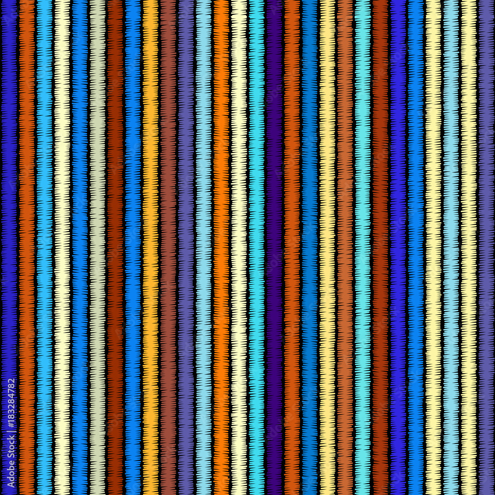 Poster Imitation of geometric embroidery pattern. Colored lines on a black background. Ethnic and tribal motifs. Seamless vector background in the bohemian style.