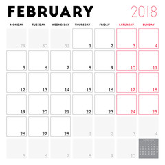 Calendar planner for February 2018. Week starts on Monday. Printable vector design template. Stationery design