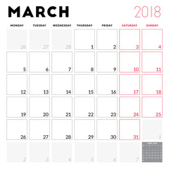 Calendar planner for March 2018. Week starts on Monday. Printable vector design template. Stationery design