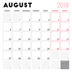 Calendar planner for August 2018. Week starts on Monday. Printable vector design template. Stationery design