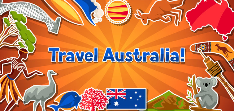 Australia banner design. Australian traditional sticker symbols and objects