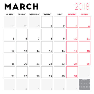 Calendar planner for March 2018. Week starts on Monday. Printable vector design template. Stationery design