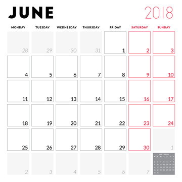 Calendar planner for June 2018. Week starts on Monday. Printable vector design template. Stationery design