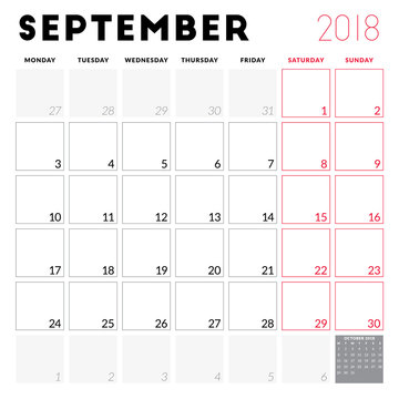 Calendar planner for September 2018. Week starts on Monday. Printable vector design template. Stationery design