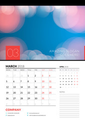 Wall calendar planner template for March 2018. Vector design print template with abstract background or place for photo. Week starts on Monday