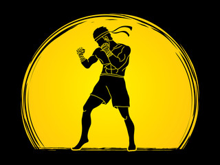 Fototapeta na wymiar Muay Thai, Thai boxing standing ready to fight action designed on moonlight background graphic vector