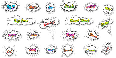 Comic collection colored sound chat text effects pop art vector style. 3d font.