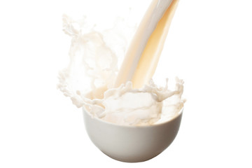Pouring milk into bowl with splashes isolated with white background