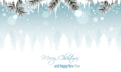 Winter landscape vector banner with branches, icicles, snowfall, snowflakes and snowy forest. Merry Christmas and Happy New Year greeting card.